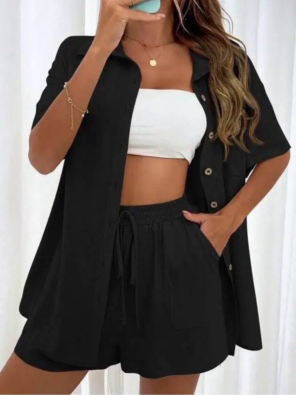 Ladies Solid Color Short Sleeve Button Up Top & Elastic Waist Short Set Black
